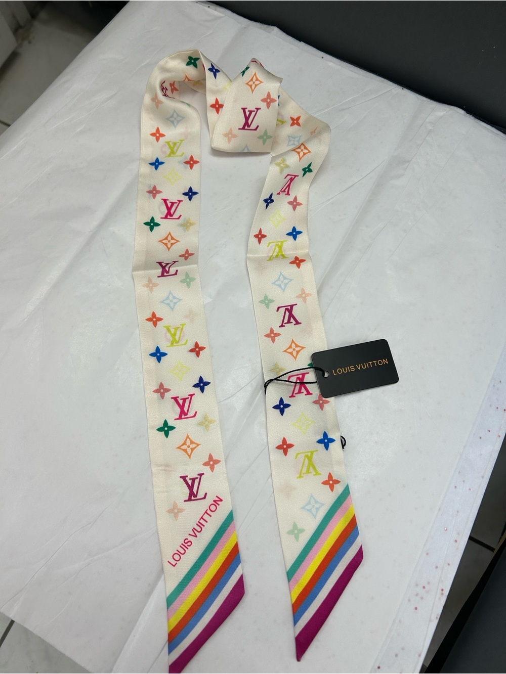 Louis Vuitton Multicolor Monogram Silk Twilly - Cream with Rainbow Stripes